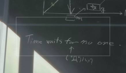謎と考察③：黒板に描かれた『Time waits for no one」の意味と書いた人物（画像1）